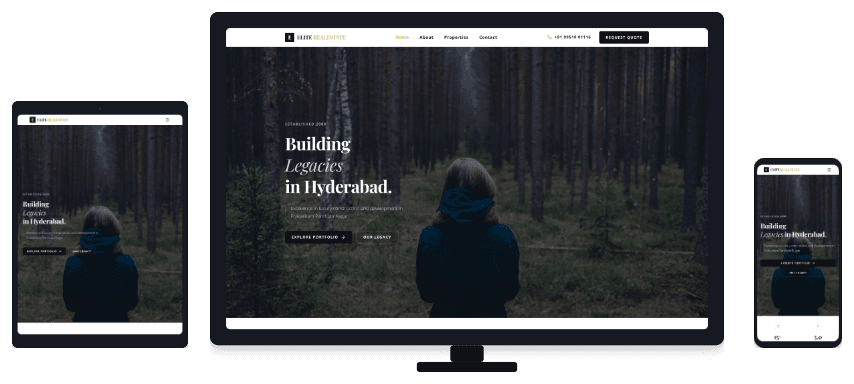 Elite Real Estate website on desktop, tablet, and phone, with the headline “Building Legacies in Hyderabad.”