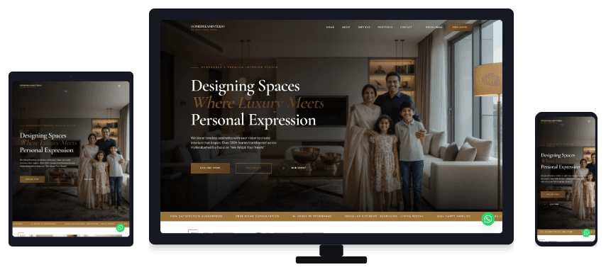 Home Dream Interio website on desktop, tablet, and phone, with the headline “Designing Spaces Where Luxury Meets Personal Expression”