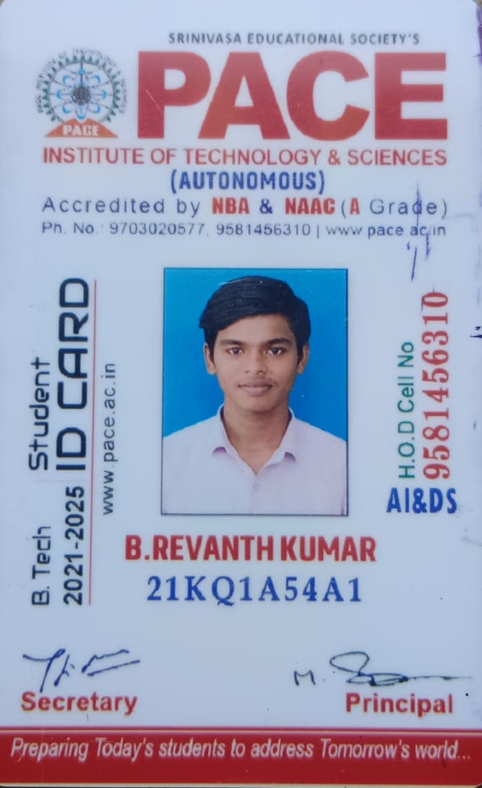 Revanth Kumar College Student ID Card - PACE Institute of Technology and Sciences - Photo 1